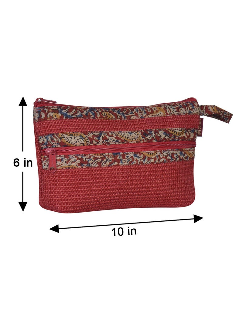 Jute Cottage Eco-Friendly Dobby Kalamkari Pouch 2 Zip Small Red Jute - Image 4