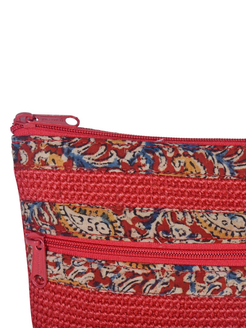 Jute Cottage Eco-Friendly Dobby Kalamkari Pouch 2 Zip Small Red Jute - Image 3