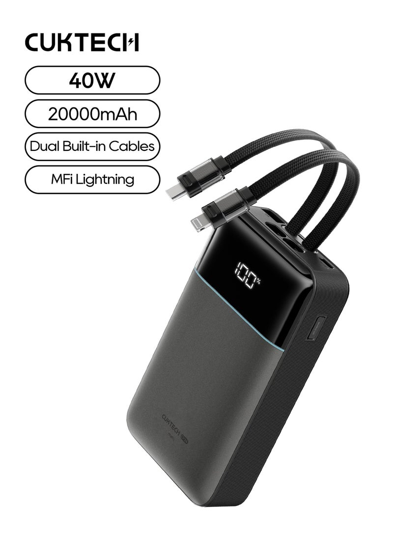CUKTECH CP24 Power Bank, 20000mAh Portable Charger 40W MAX Fast Charging External Battery Pack With Built-in USB-C & Lightning Cables For iPhone, iPad & Samsung - Grey - Image 1