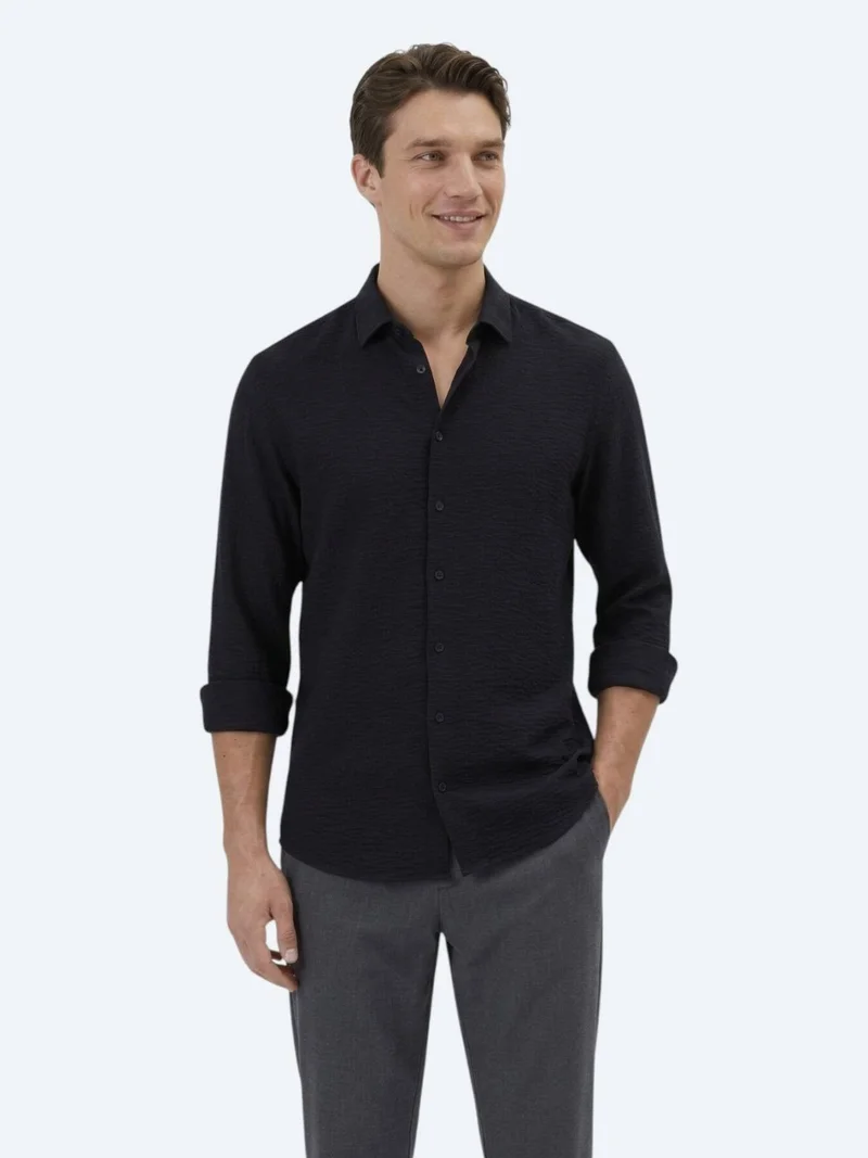 Kip Black Regular Fit Long Weaving Classical Shirt