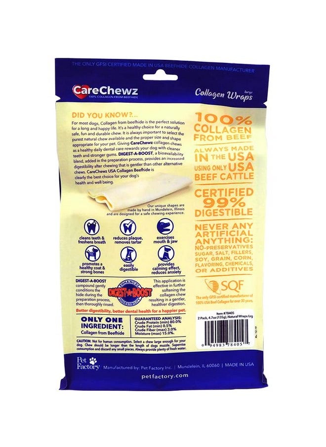 بيت فاكتوري حلوى مضغ للكلاب من Pet Factory CareChewz Collagen Large Wraps مقاس 6-7 بوصات - نكهة طبيعية، قطعتان/عبوة واحدة  - Image 2