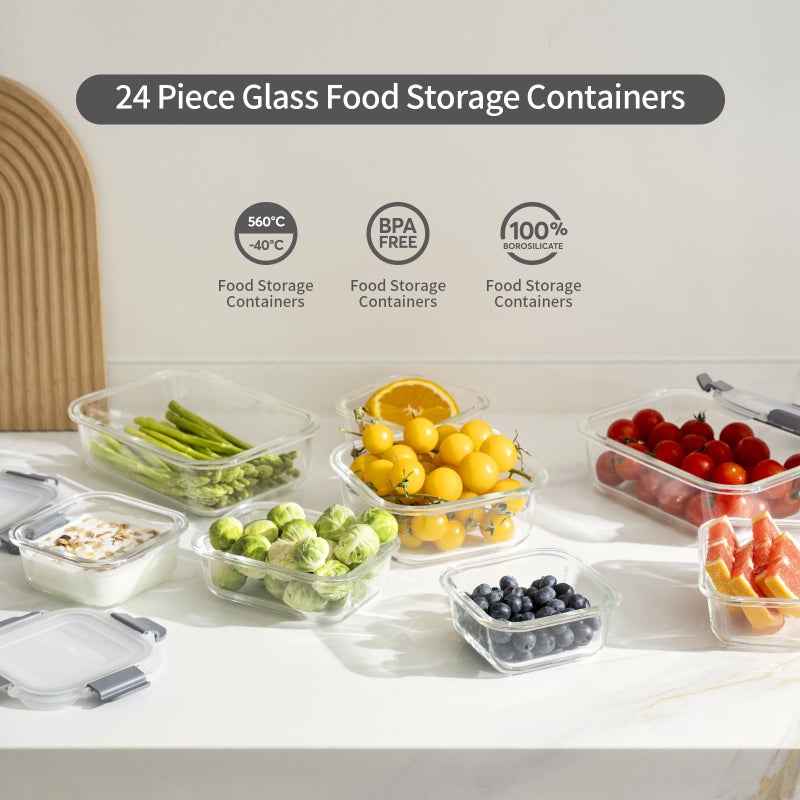 S SALIENT 24 Pieces Glass Food Storage Containers with Lids,Glass Meal Prep Containers Set with Locking Lid,Airtight Glass Lunch Container for Kitchen,BPA Free(12 Lids & 12 Containers) - Image 3