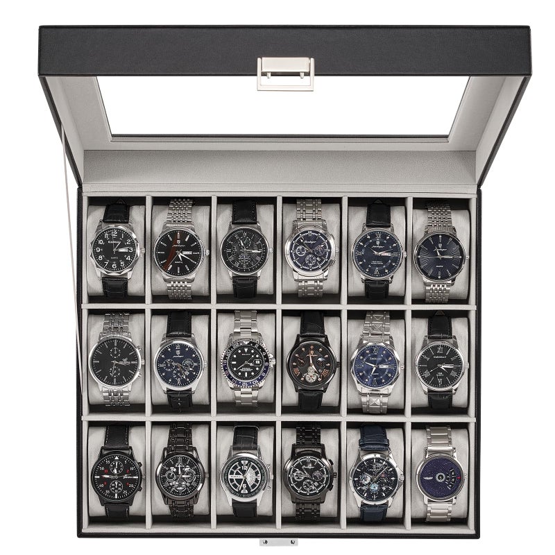 ProCase Watch Case for Men, 18 Slot Mens Watch Box Holder Organizer with Glass Lid, Watches Display Case Birthday Valentine Gifts for Men Women -18 Slot, Black - Image 1