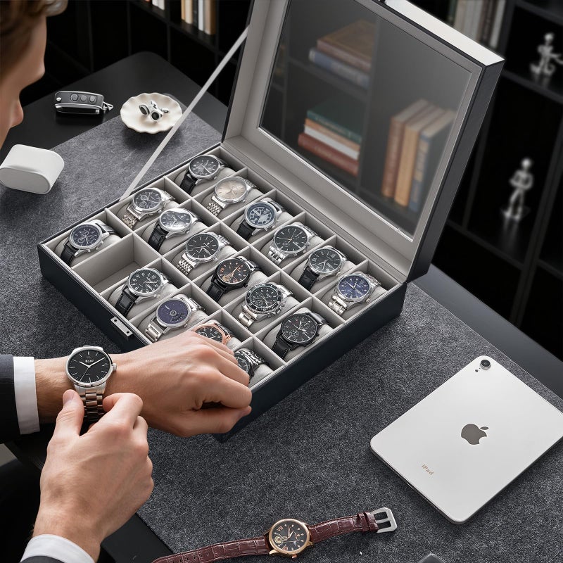 ProCase Watch Case for Men, 18 Slot Mens Watch Box Holder Organizer with Glass Lid, Watches Display Case Birthday Valentine Gifts for Men Women -18 Slot, Black - Image 5