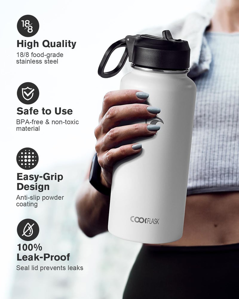 Coolflask Water Bottle 1 L Insulated with Straw, Stainless Steel Metal 3 Lids Water Flask Wide Mouth for Sports or Office, Non-BPA Keep Cold Up to 48 Hrs or Hot Up to 24 Hrs, White - Image 3