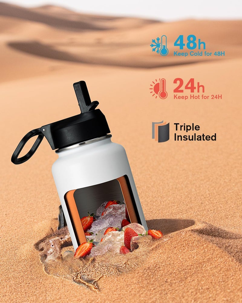 Coolflask Water Bottle 1 L Insulated with Straw, Stainless Steel Metal 3 Lids Water Flask Wide Mouth for Sports or Office, Non-BPA Keep Cold Up to 48 Hrs or Hot Up to 24 Hrs, White - Image 2