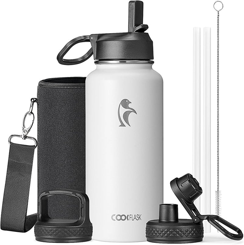 Coolflask Water Bottle 1 L Insulated with Straw, Stainless Steel Metal 3 Lids Water Flask Wide Mouth for Sports or Office, Non-BPA Keep Cold Up to 48 Hrs or Hot Up to 24 Hrs, White - Image 1