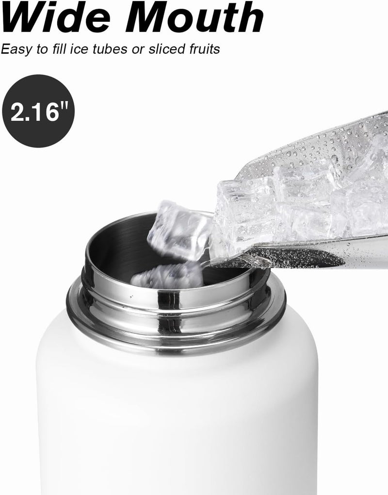 Coolflask Water Bottle 1 L Insulated with Straw, Stainless Steel Metal 3 Lids Water Flask Wide Mouth for Sports or Office, Non-BPA Keep Cold Up to 48 Hrs or Hot Up to 24 Hrs, White - Image 4