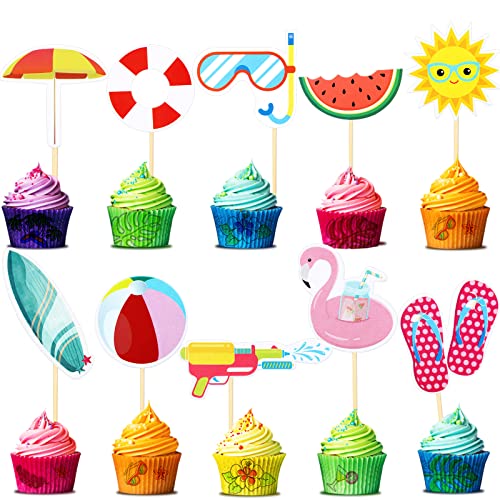 Epakh 100 Pcs Summer Beach Cupcake Toppers Pool Party Hawaiian Theme Cake Picks with Beach Ball Sun Umbrella Goggles Cake Decorations for Birthday Tropical Luau Party SuppliesBeach Style - Image 1