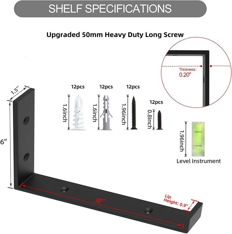 WEKIS Shelf Bracket, Heavy Duty Floating Shelf Brackets 10-Inch Long, 6-Pack Brackets for Shelves, Black Coated J Shape Metal Wall Shelf Support Brackets with 1/5-Inch Thick and 160 lb. Load Capacity - Image 3