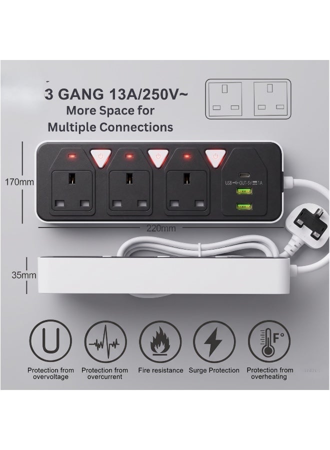 6-in-1 Socket Extension Plug With 3 Outlets, 2 USB Ports & 1 PD Type-C | 3.4A Auto Charging |,2500W Power Strip| 3m Cord | Multi-Plug Board, Heavy-Duty Extension Cord – Fast Charging - Image 5