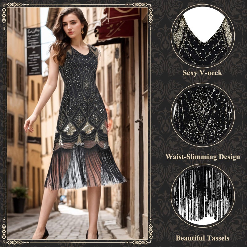 PLULON 1920s Sequin Beaded Fringed Flapper Dress with 20s Accessories Set(Black and Gold) - Image 2
