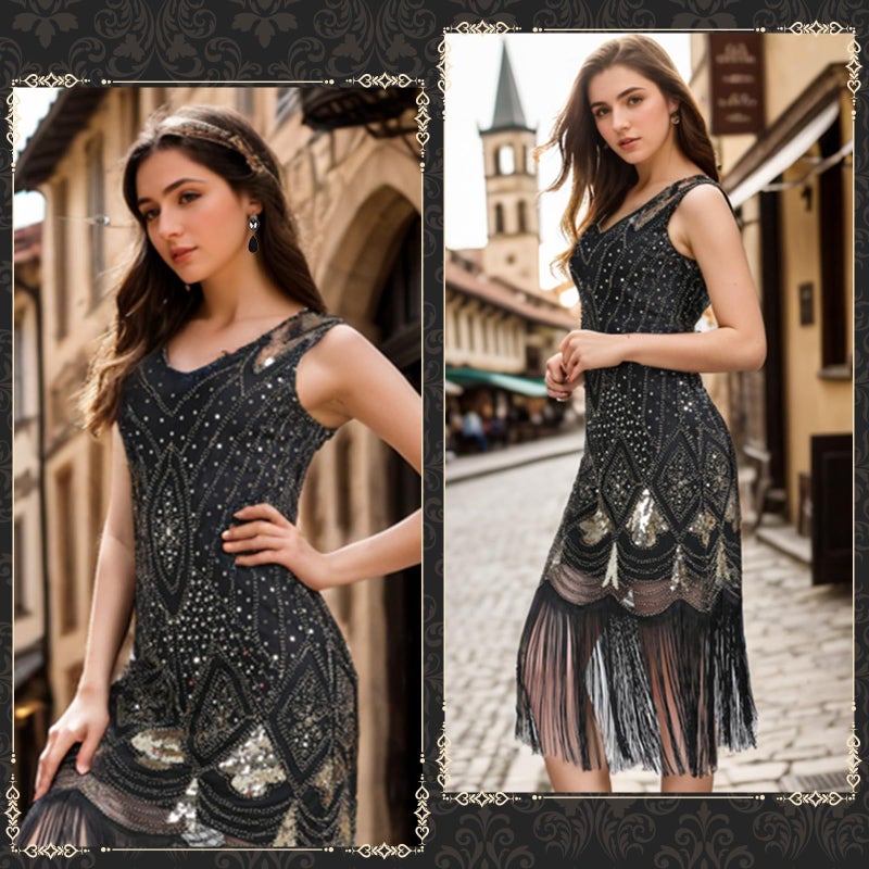 PLULON 1920s Sequin Beaded Fringed Flapper Dress with 20s Accessories Set(Black and Gold) - Image 3