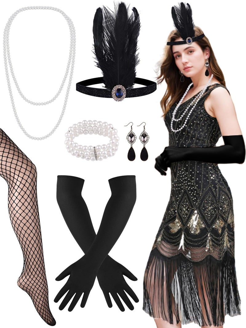 PLULON 1920s Sequin Beaded Fringed Flapper Dress with 20s Accessories Set(Black and Gold) - Image 1