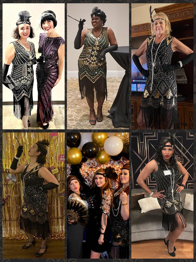 PLULON 1920s Sequin Beaded Fringed Flapper Dress with 20s Accessories Set(Black and Gold) - Image 5