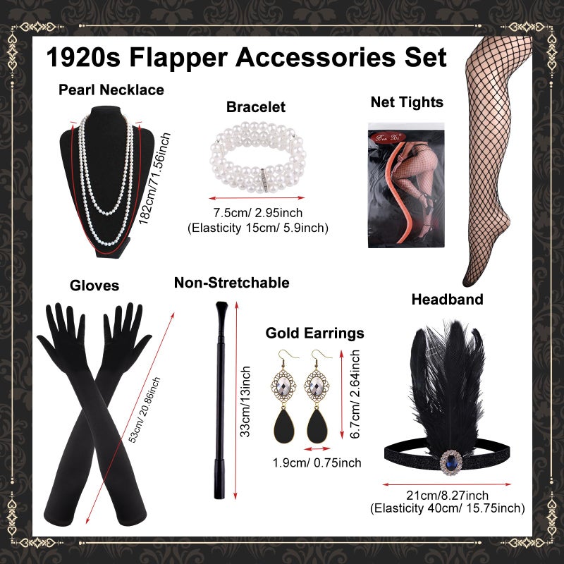 PLULON 1920s Sequin Beaded Fringed Flapper Dress with 20s Accessories Set(Black and Gold) - Image 4
