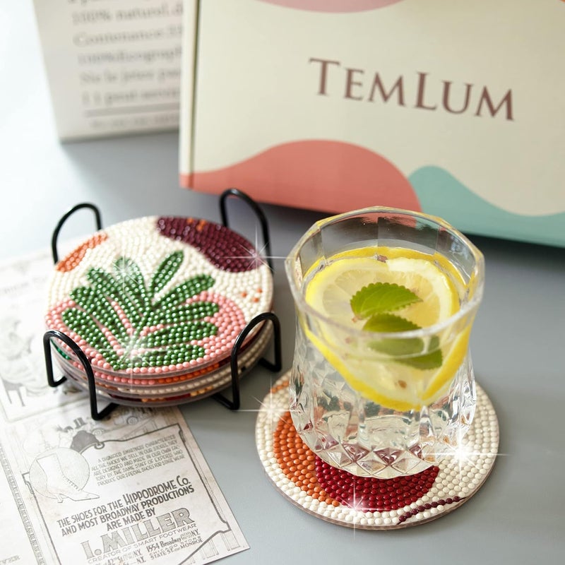 Temlum منتجات Temlum: أطباق رسم بالألماس مع حامل، مجموعة من 6 أطباق ذات تصميمات نباتية تجريدية للصنع بنفسك، مجموعات صغيرة للرسم بالألماس للأشغال اليدوية، مناسبة للكبار والمبتدئين. - Image 5