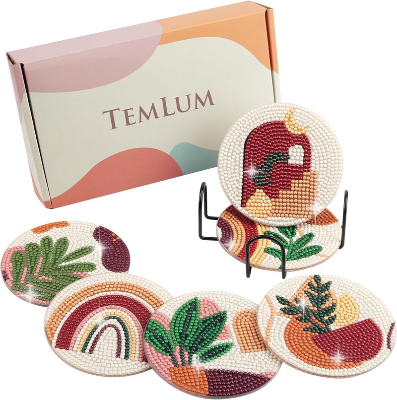 Temlum منتجات Temlum: أطباق رسم بالألماس مع حامل، مجموعة من 6 أطباق ذات تصميمات نباتية تجريدية للصنع بنفسك، مجموعات صغيرة للرسم بالألماس للأشغال اليدوية، مناسبة للكبار والمبتدئين. - Image 1