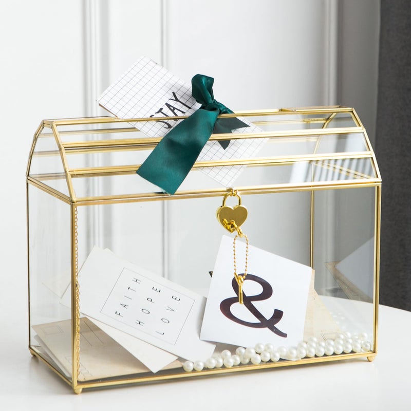 Giadun Wedding Card Box with Slot, 12.2'' Large Glass Card Boxes for Reception, Gold Cards Holder, Clear Decorative Storage Box with Lock for Baby Shower, Birthday Party, Christmas, Bridal Shower - Image 1
