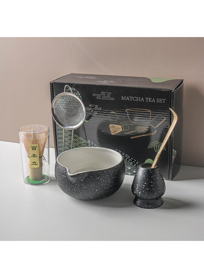 كينجمازي طقم خفاقة الماتشا الأسود، مجموعة ماتشا من 5 قطع، طقم ماتشا احتفالي ياباني مع خفاقة ووعاء بفوهة، حامل الخفاقة + خفاقة من الخيزران + مغرفة + مصفاة شاي، طقم ماتشا مصنوع يدويًا لتحضير شاي الماتشا التقليدي - Image 1