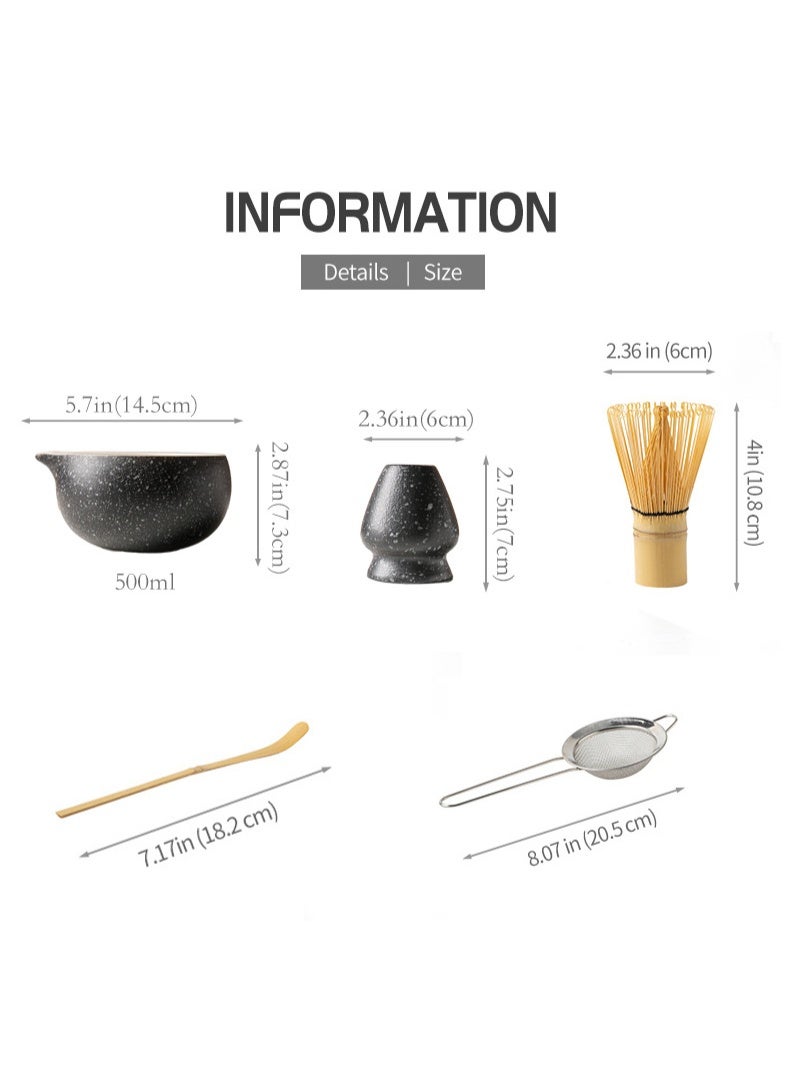 كينجمازي طقم خفاقة الماتشا الأسود، مجموعة ماتشا من 5 قطع، طقم ماتشا احتفالي ياباني مع خفاقة ووعاء بفوهة، حامل الخفاقة + خفاقة من الخيزران + مغرفة + مصفاة شاي، طقم ماتشا مصنوع يدويًا لتحضير شاي الماتشا التقليدي - Image 5