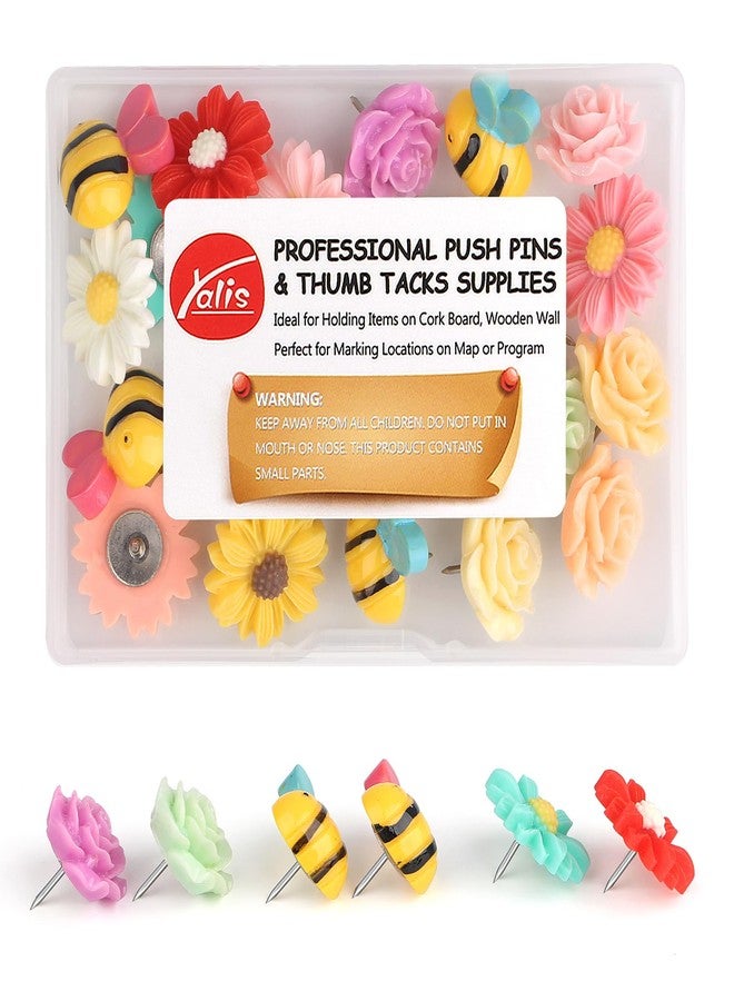 ياليس مجموعة ياليس من 24 قطعة من دبابيس التثبيت الزخرفية بألوان زاهية على شكل زهور ونحل، مثالية لتزيين الجدران، والسبورات البيضاء، ولوحات الفلين، وجدران الصور. - Image 1