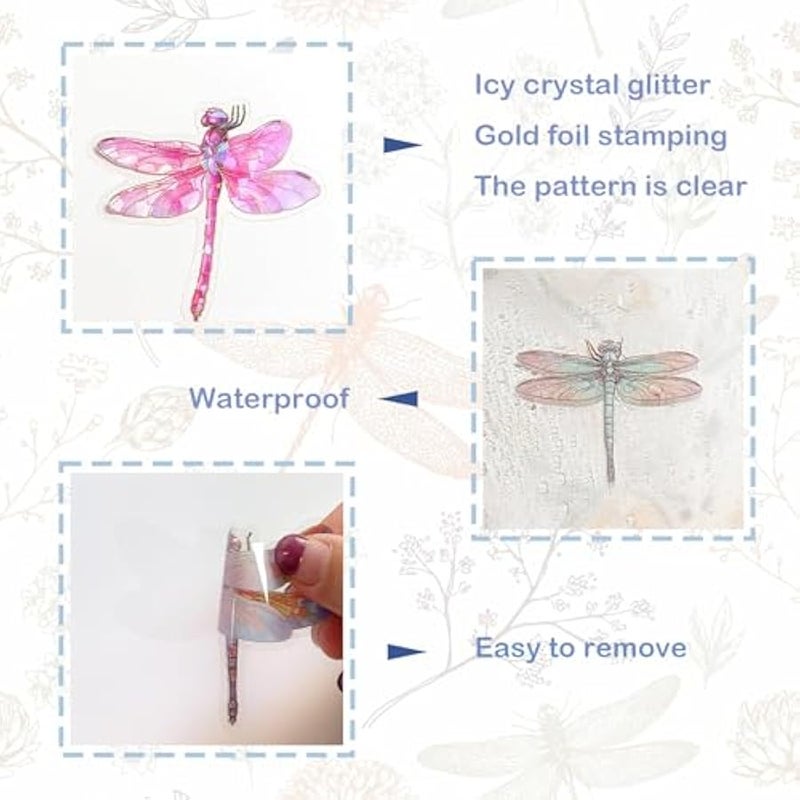 Sparkly Dragonfly Stickers - 30 Pcs Clear PET Glitter Holographic Insect Stickers for Scrapbook, Journal, Junk Journal, Collage - Waterproof Transparent for Resin, Craft u0026 Scrapbook Supplies - Image 5