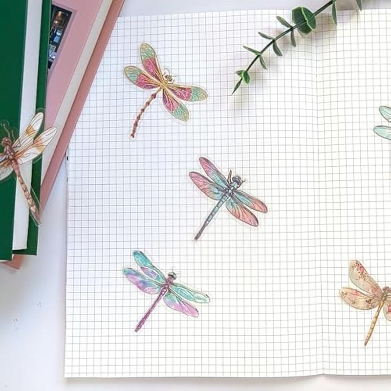 Sparkly Dragonfly Stickers - 30 Pcs Clear PET Glitter Holographic Insect Stickers for Scrapbook, Journal, Junk Journal, Collage - Waterproof Transparent for Resin, Craft u0026 Scrapbook Supplies - Image 2