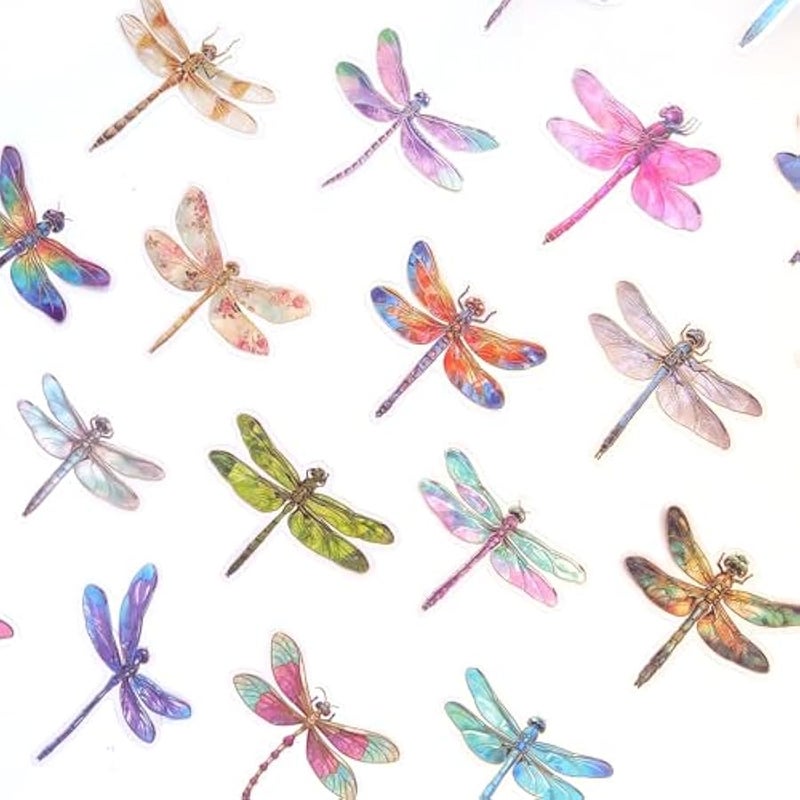 Sparkly Dragonfly Stickers - 30 Pcs Clear PET Glitter Holographic Insect Stickers for Scrapbook, Journal, Junk Journal, Collage - Waterproof Transparent for Resin, Craft u0026 Scrapbook Supplies - Image 1