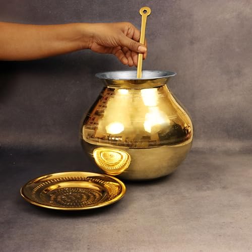Putrika Traditional Handcrafted Brass Utensil Pongal Pot Set|Pongal Paanai|Cookware|Urli|Heavy Weight with Lid and Ladle|Sankranthi Festival|Inner TIN Coating[Net Weight: 1.16kg](7 inch Set) - Image 3