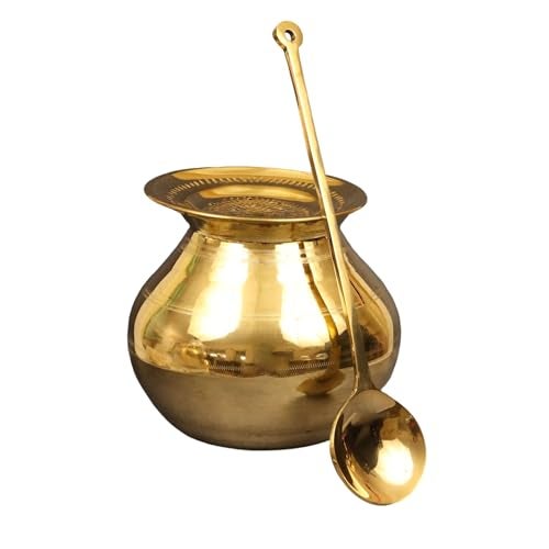 Putrika Traditional Handcrafted Brass Utensil Pongal Pot Set|Pongal Paanai|Cookware|Urli|Heavy Weight with Lid and Ladle|Sankranthi Festival|Inner TIN Coating[Net Weight: 1.16kg](7 inch Set) - Image 1