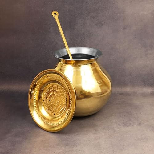 Putrika Traditional Handcrafted Brass Utensil Pongal Pot Set|Pongal Paanai|Cookware|Urli|Heavy Weight with Lid and Ladle|Sankranthi Festival|Inner TIN Coating[Net Weight: 1.16kg](7 inch Set) - Image 2