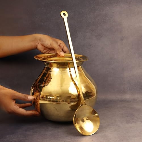 Putrika Traditional Handcrafted Brass Utensil Pongal Pot Set|Pongal Paanai|Cookware|Urli|Heavy Weight with Lid and Ladle|Sankranthi Festival|Inner TIN Coating[Net Weight: 1.16kg](7 inch Set) - Image 4