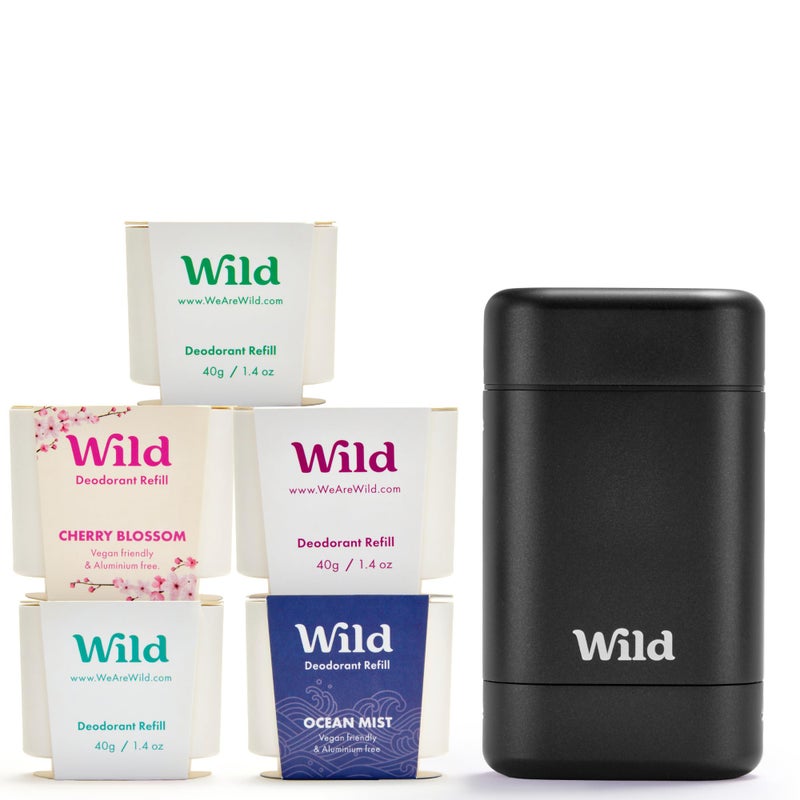 WILD وايلد - مجموعة أدوات مزيل العرق الخالية من الألمنيوم للرجال - مزيل عرق قابل لإعادة التعبئة مع علبة سوداء وعبوات نباتية خالية من البلاستيك بمجموعة متنوعة من الروائح 5 × 1.4 أونصة - حماية تدوم طويلاً - Image 1