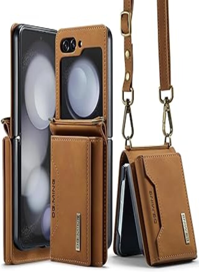 fashion mania Cards Solt Wallet Crossbody Lanyard Leather Cover For Samsung Galaxy Z Flip 5 2023 5G Purse Pocket Shoulder Strap Phone Case (Brown) 