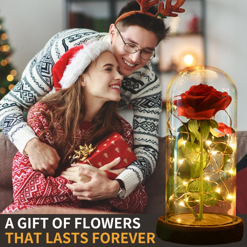 SW وردة محفوظة SW وردة مسحورة حمراء من الحرير في قبة زجاجية مع أضواء LED قاعدة من الصنوبر، هدايا رومانسية للديكور المنزلي للأم والنساء في عيد الحب وعيد الميلاد وعيد الأم وذكرى الزواج و عيد الميلاد - Image 4
