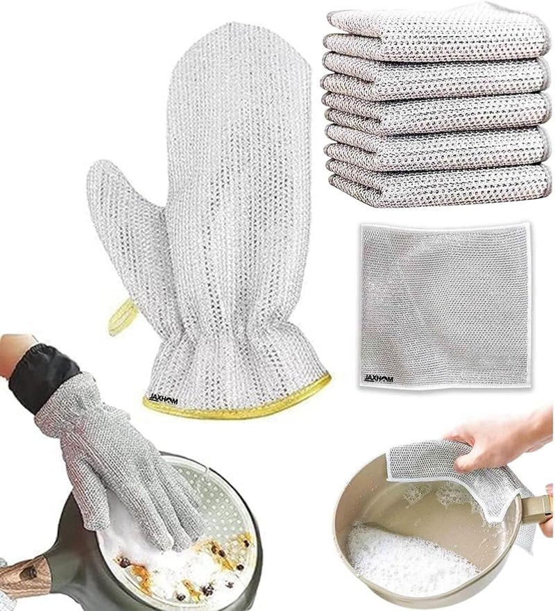 JAXHOM JAXHOM 6 Pieces NonScratch Wire Scrubber Dish Wash Set for Kitchen Cleaning 1 Piece Glove and 5 Pieces Cloth