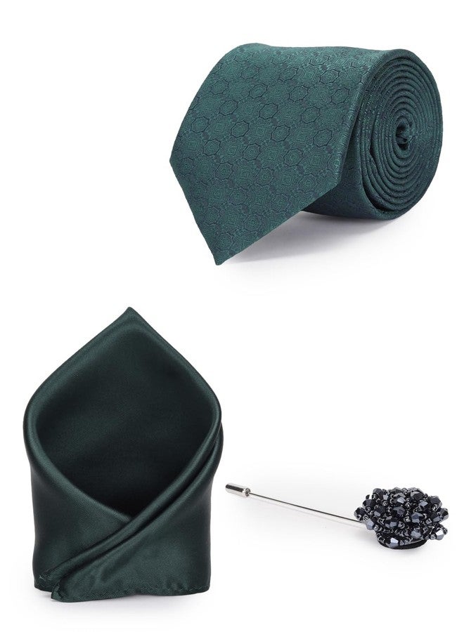 Van Heusen Men Green Party Tie Pocket Square And Lapel Pin - Image 1