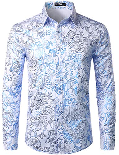ZEROYAA Men's Luxury Prom Design Slim Fit Long Sleeve Button up Party Dress Shirts ZZCL48 White Royal Medium - Image 1