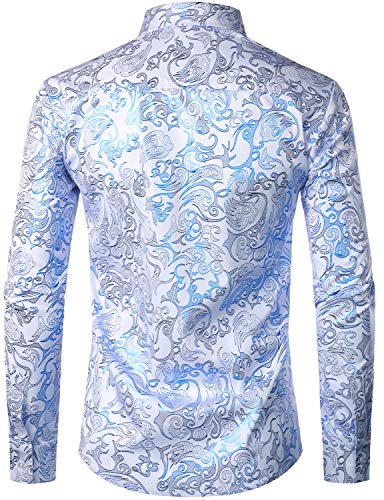 ZEROYAA Men's Luxury Prom Design Slim Fit Long Sleeve Button up Party Dress Shirts ZZCL48 White Royal Medium - Image 2