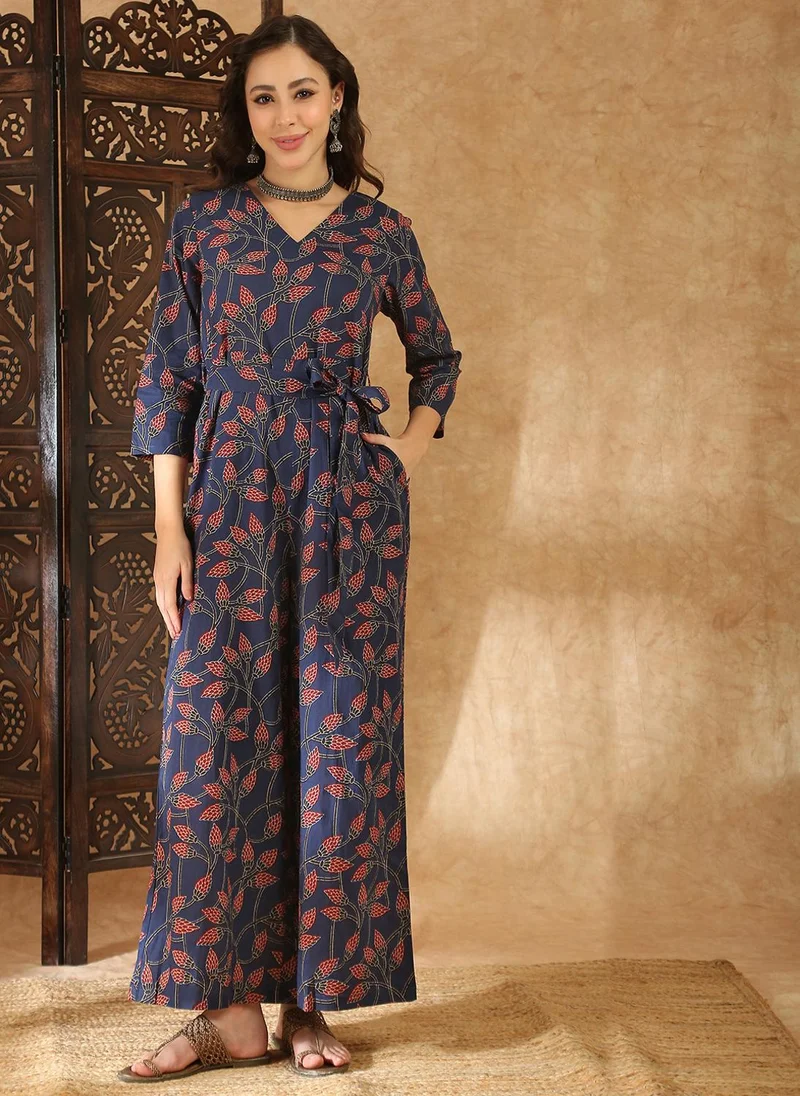 globus Globus Women Blue V-Neck Allover Floral Print Wide Leg Belted Jumpsuit