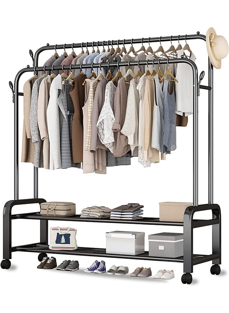 إيه جي دي منظم وحامل الملابس بعجلات دوارة، خامة معدنية عالية الجودة، يتميز بتصميم عمودي كلاسيكي ورفين للتخزين - Image 1