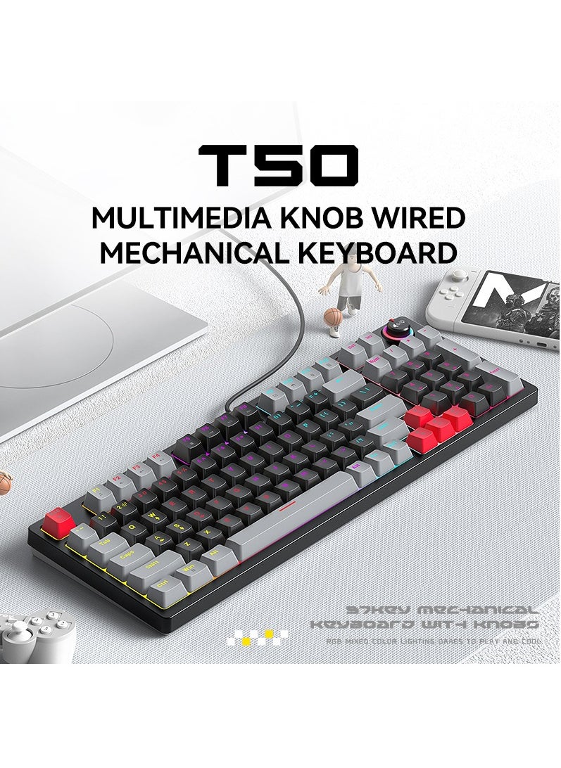T-WOLF - T50 Mechanical USB wired keyboard 97 keys Green axis light with knob Office gaming computer color keyboard Mechanical keyboard - Image 1
