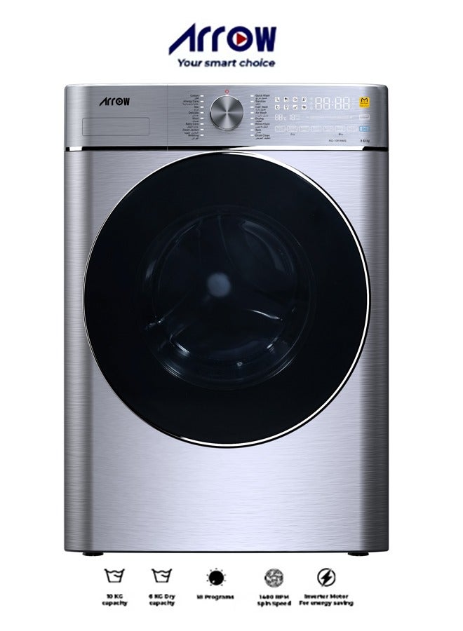 ارو غسالة ملابس أوتوماتيكية بالكامل سعة 10 كجم، سعة تجفيف 6 كجم، سرعة دوران قصوى 1400 دورة في الدقيقة، زاوية فتح الباب 140 درجة، لون فضي | RO-10 FWMS - Image 1