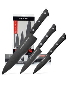 Samura Samura SHADOW Set of 3 Kitchen Knives | Chef's Knife, Utility Knife, Paring Knife | AUS-8 Stainless steel with Black Non-Stick Coating | ABS Plastic Handle | Durable | Heat Resistant | Comfortable  - Image 1