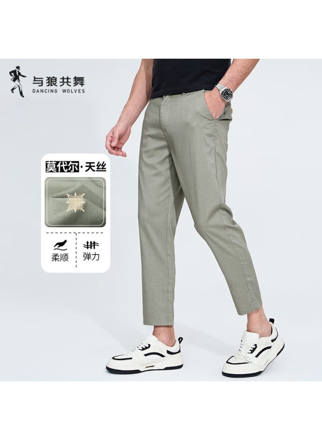 Dancing Wolves Modal + Tencel Spring And Summer Commuting Lycra Men's Casual Cropped Pants 211 Gray Green 33 - Image 1