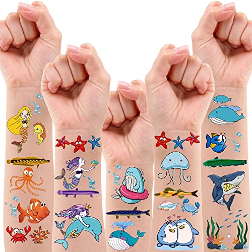PARTYWIND 200 PCS Ocean Theme Temporary Tattoos for Kids, Beach Pool Under Sea Decorations Birthday Party Supplies Favors, Fake Tattoos Stickers With Mermaid Shark Tropical Fish Whale for Boys and Girls - Image 1