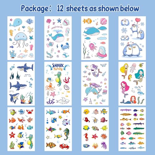 PARTYWIND 200 PCS Ocean Theme Temporary Tattoos for Kids, Beach Pool Under Sea Decorations Birthday Party Supplies Favors, Fake Tattoos Stickers With Mermaid Shark Tropical Fish Whale for Boys and Girls - Image 2