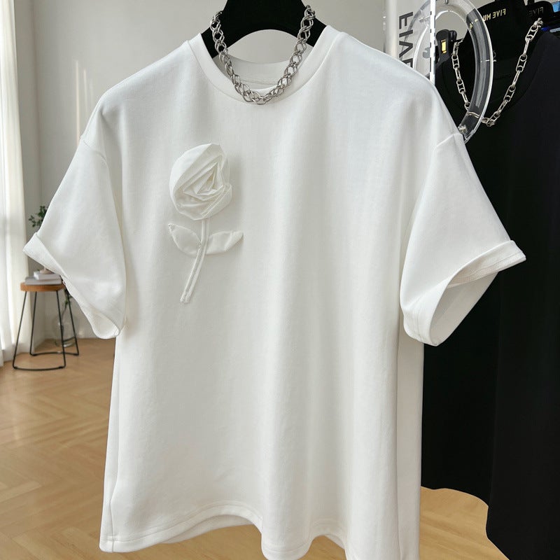 Outlets ~ genuine special heavy industry three-dimensional flower cotton heavy round neck short sleeve T-shirt womens summer new coat White [heavy cotton]]