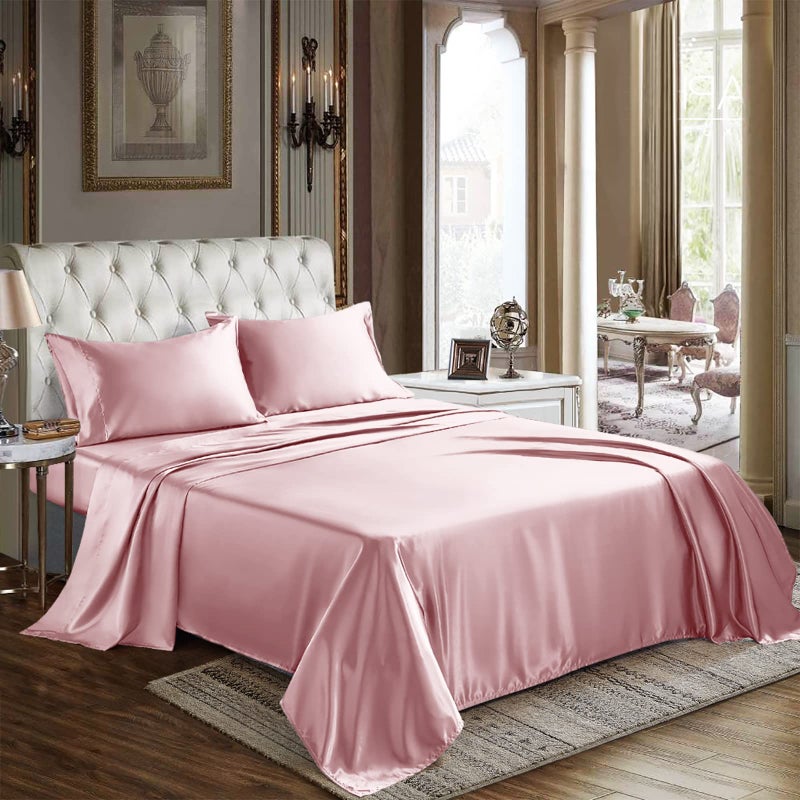 CozyLux Satin Sheets King Size  4 Piece Pink Bed Sheet Set with Silky Microfiber 1 Deep Pocket Fitted Sheet 1 Flat Sheet and 2 Pillowcases  Smooth and Soft
